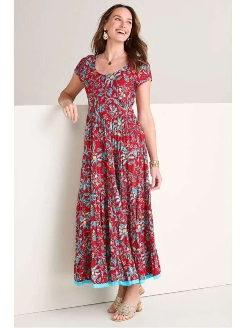 Soft Surroundings Kara Maxi Dress Size L Red Floral Boho Tiered  Cottagecore